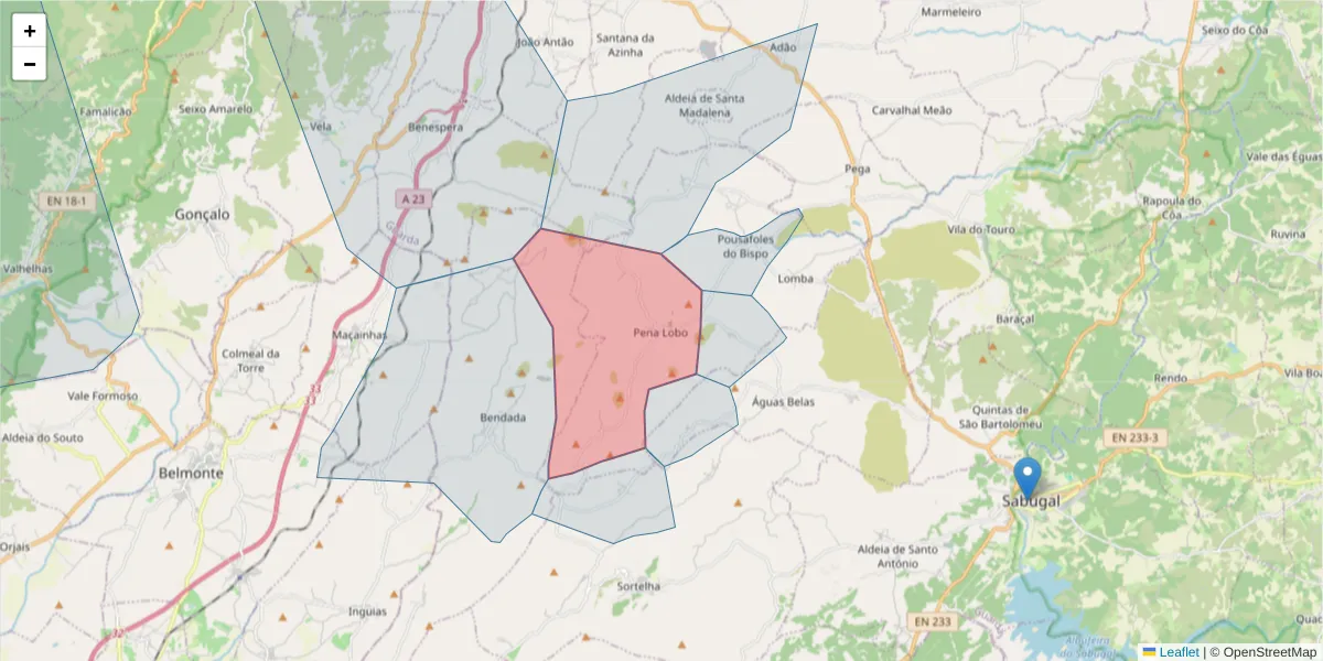 Mapa detalhado do código postal 6320-221 com limites, códigos postais vizinhos e agências dos correios