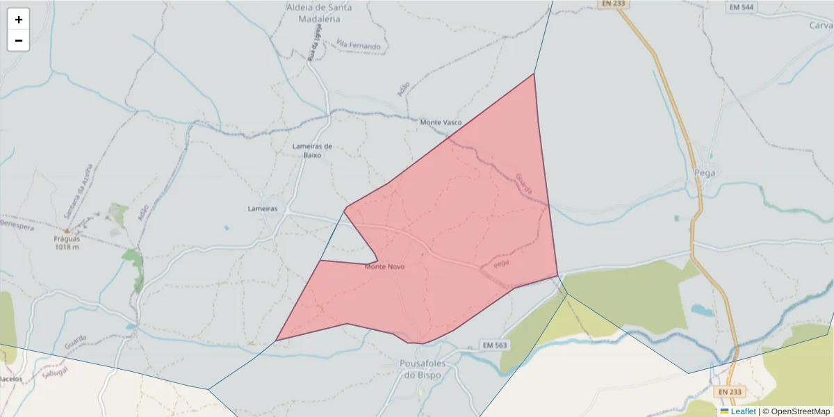 Mapa detalhado do código postal 6320-232 com limites, códigos postais vizinhos e agências dos correios