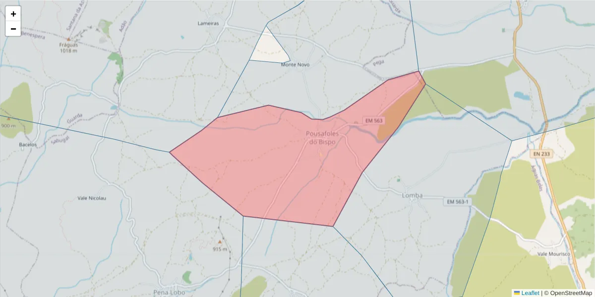 Mapa detalhado do código postal 6320-233 com limites, códigos postais vizinhos e agências dos correios