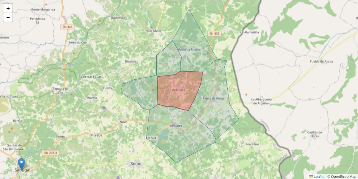 Mapa detalhado do código postal 6320-271 com limites, códigos postais vizinhos e agências dos correios