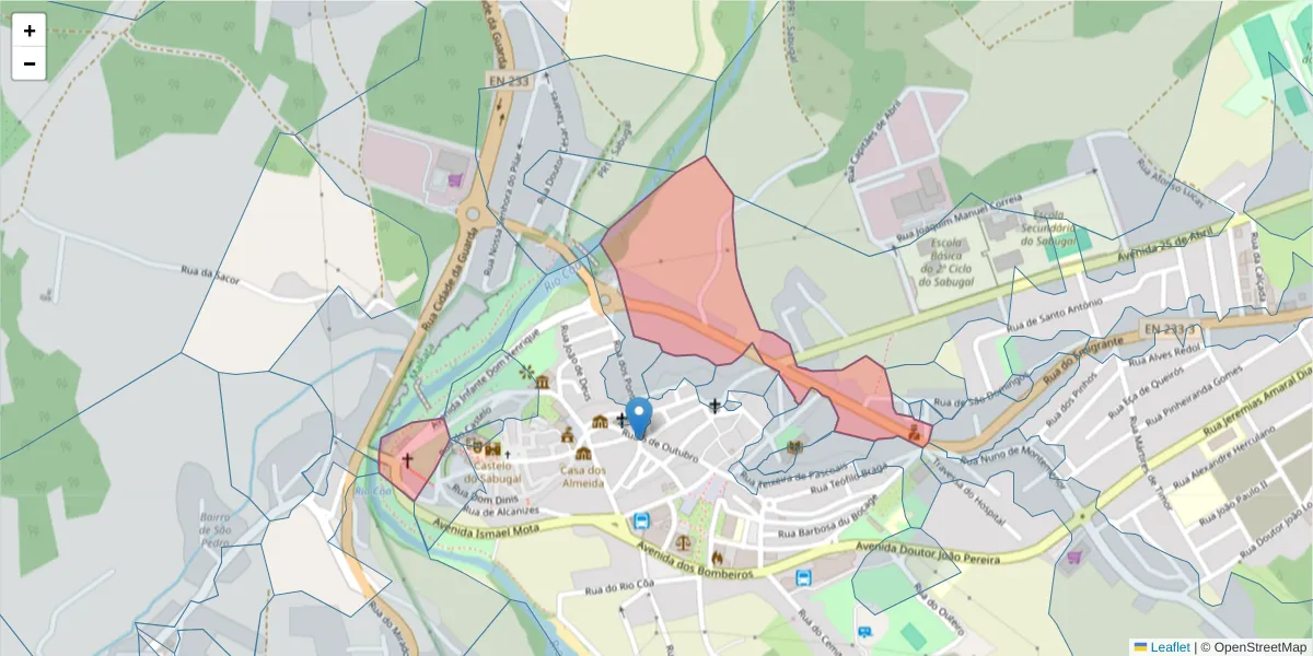 Mapa detalhado do código postal 6320-318 com limites, códigos postais vizinhos e agências dos correios