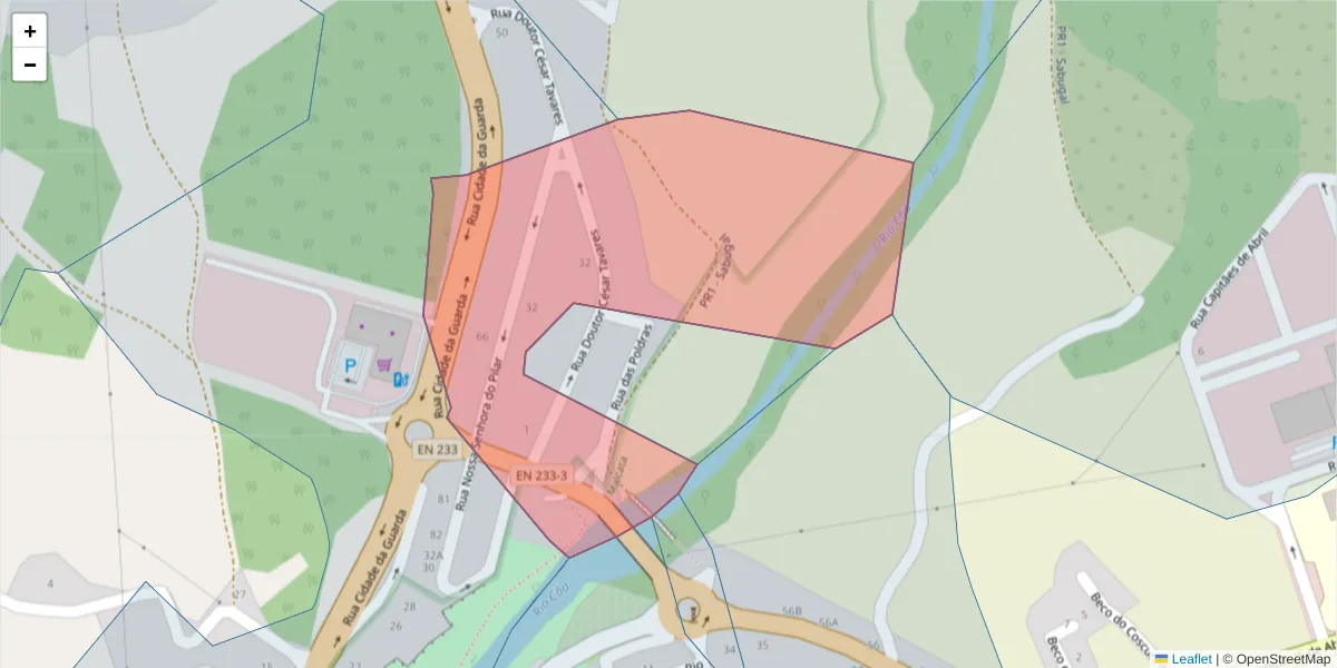 Mapa detalhado do código postal 6320-343 com limites, códigos postais vizinhos e agências dos correios