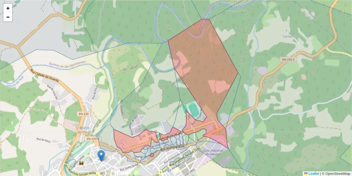 Mapa detalhado do código postal 6320-345 com limites, códigos postais vizinhos e agências dos correios