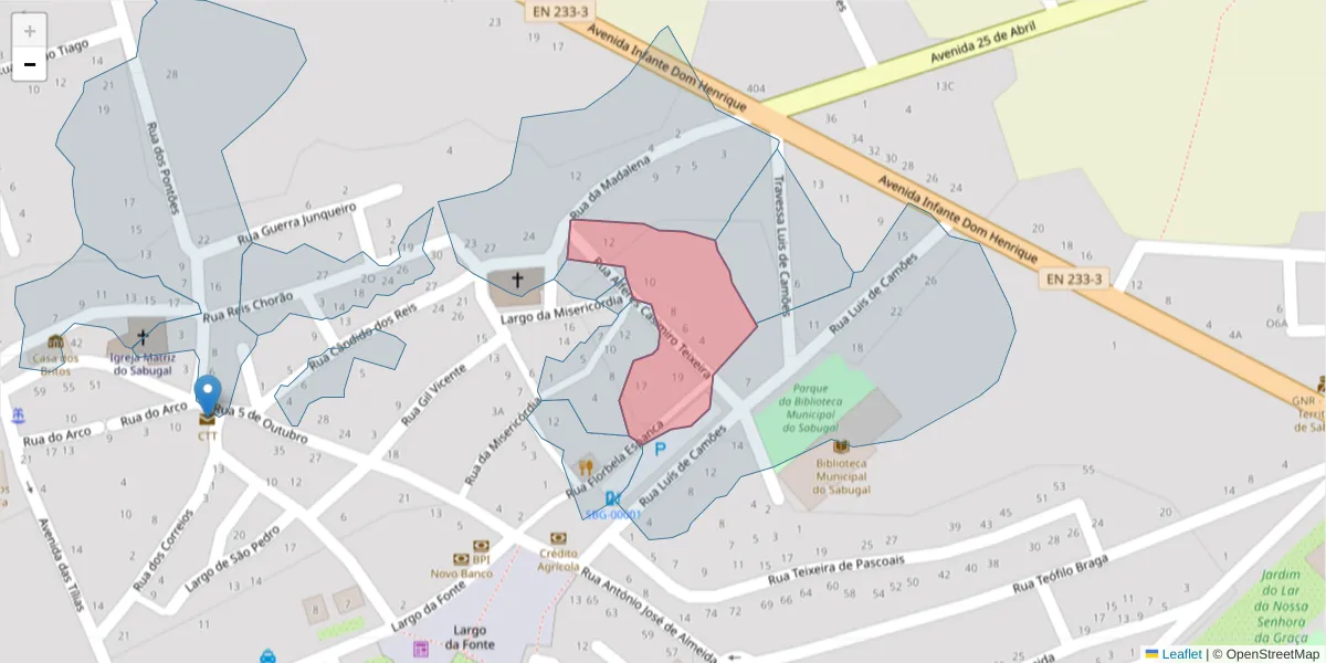 Mapa detalhado do código postal 6320-350 com limites, códigos postais vizinhos e agências dos correios