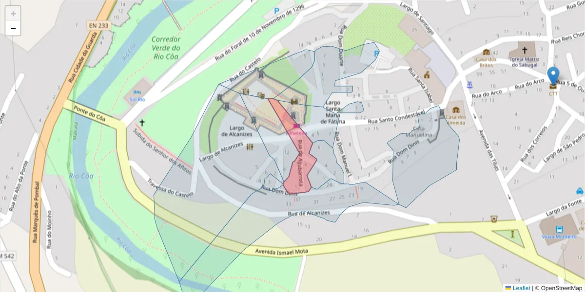 Mapa detalhado do código postal 6320-351 com limites, códigos postais vizinhos e agências dos correios