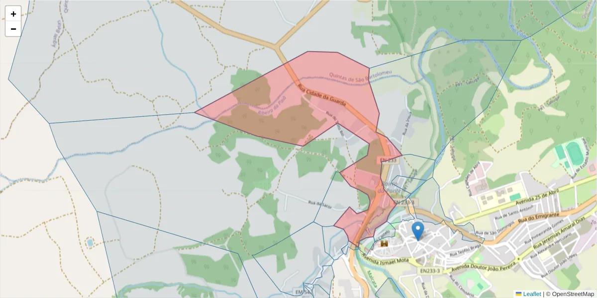 Mapa detalhado do código postal 6320-360 com limites, códigos postais vizinhos e agências dos correios