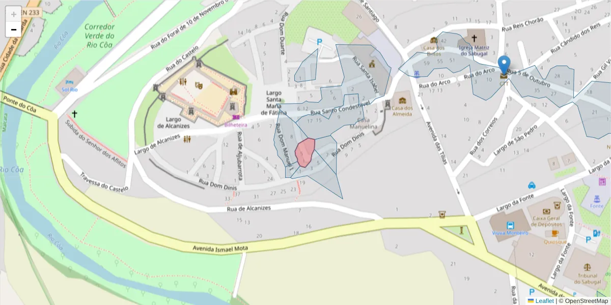 Mapa detalhado do código postal 6320-361 com limites, códigos postais vizinhos e agências dos correios