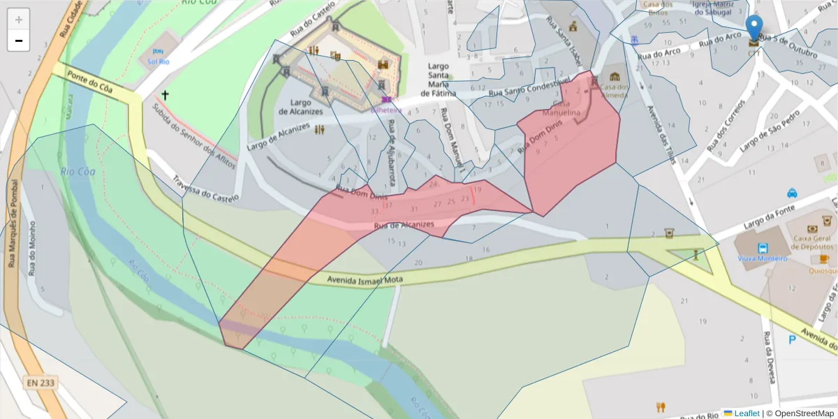 Mapa detalhado do código postal 6320-364 com limites, códigos postais vizinhos e agências dos correios