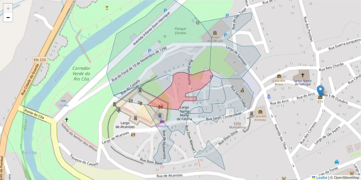 Mapa detalhado do código postal 6320-365 com limites, códigos postais vizinhos e agências dos correios