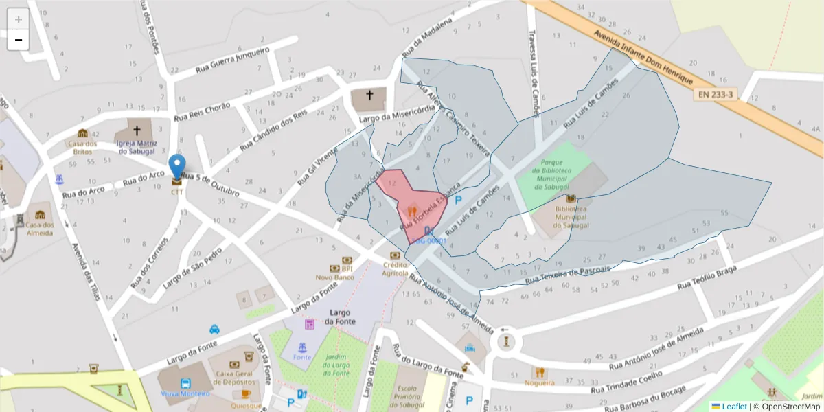 Mapa detalhado do código postal 6320-373 com limites, códigos postais vizinhos e agências dos correios