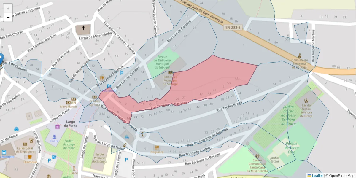Mapa detalhado do código postal 6320-399 com limites, códigos postais vizinhos e agências dos correios