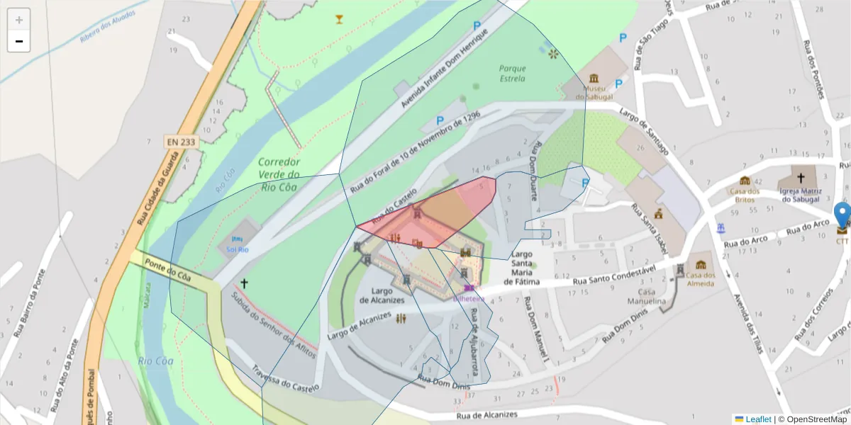 Mapa detalhado do código postal 6320-409 com limites, códigos postais vizinhos e agências dos correios