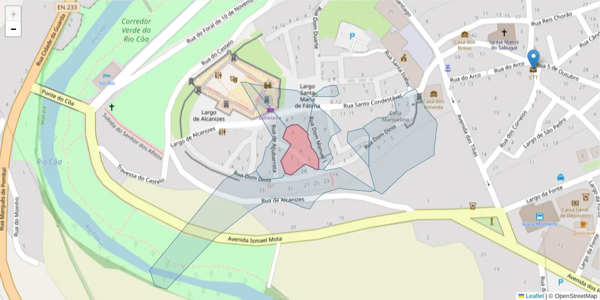 Mapa detalhado do código postal 6320-410 com limites, códigos postais vizinhos e agências dos correios