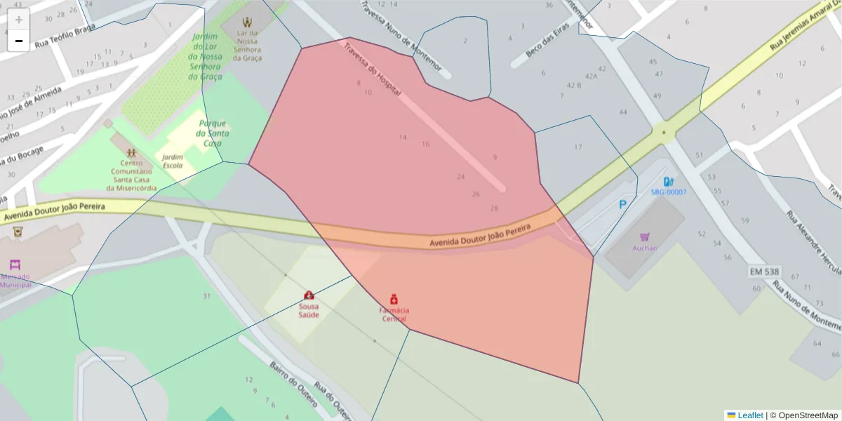 Mapa detalhado do código postal 6320-417 com limites, códigos postais vizinhos e agências dos correios