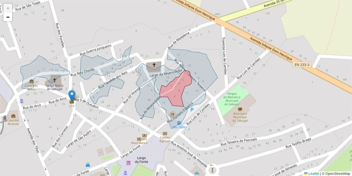 Mapa detalhado do código postal 6320-425 com limites, códigos postais vizinhos e agências dos correios