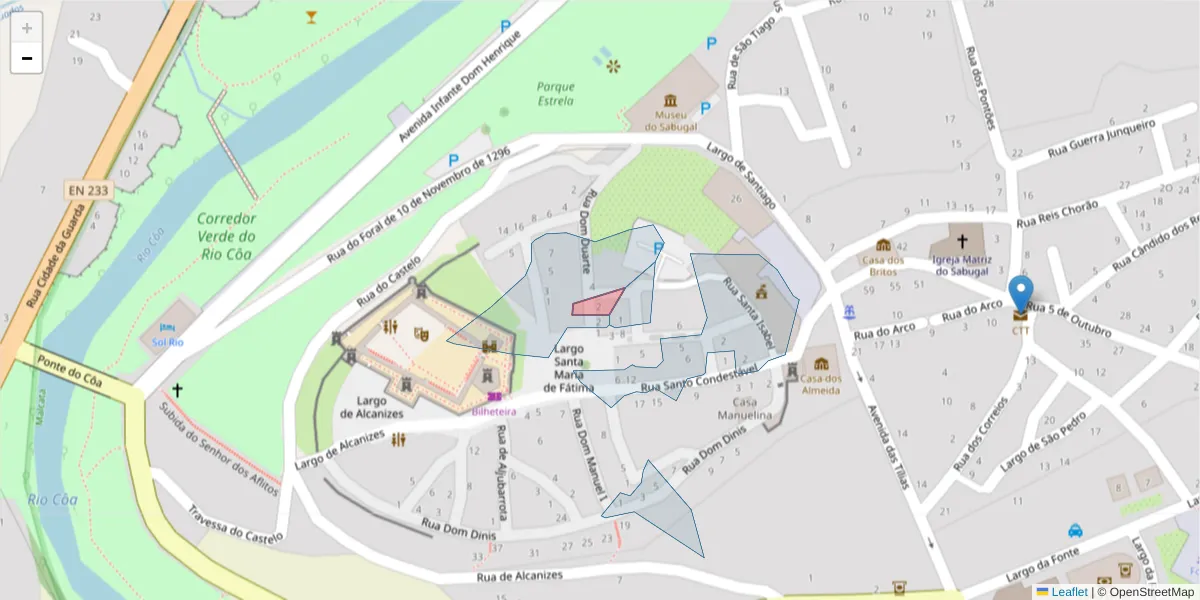 Mapa detalhado do código postal 6320-446 com limites, códigos postais vizinhos e agências dos correios