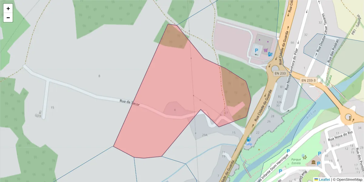 Mapa detalhado do código postal 6320-457 com limites, códigos postais vizinhos e agências dos correios