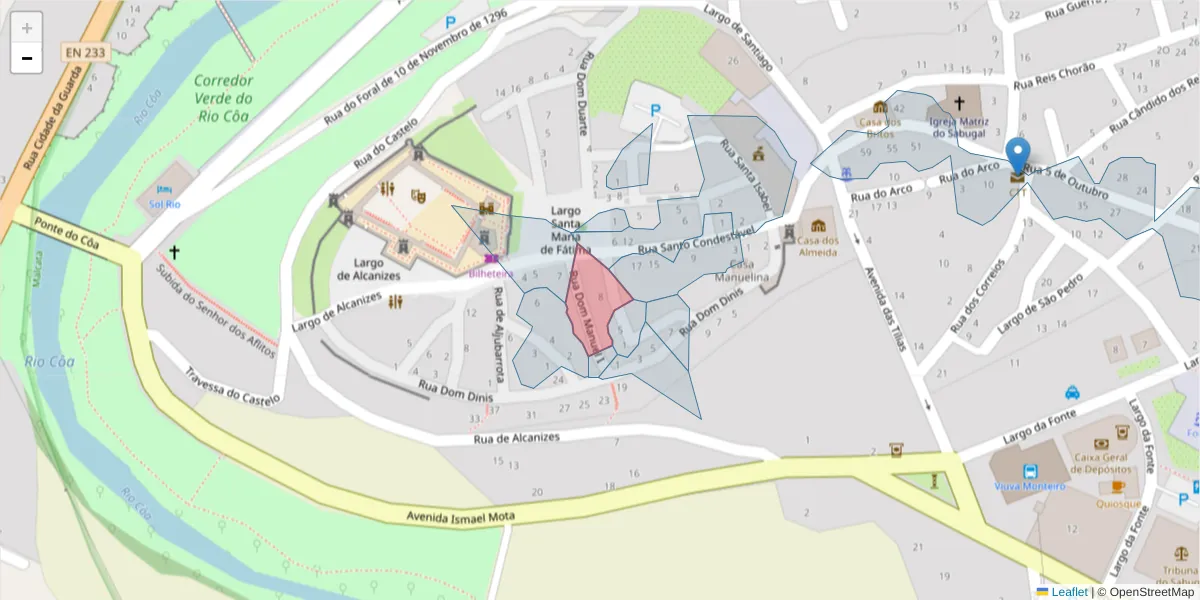 Mapa detalhado do código postal 6320-501 com limites, códigos postais vizinhos e agências dos correios