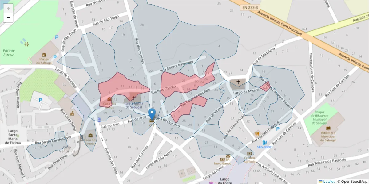 Mapa detalhado do código postal 6320-505 com limites, códigos postais vizinhos e agências dos correios