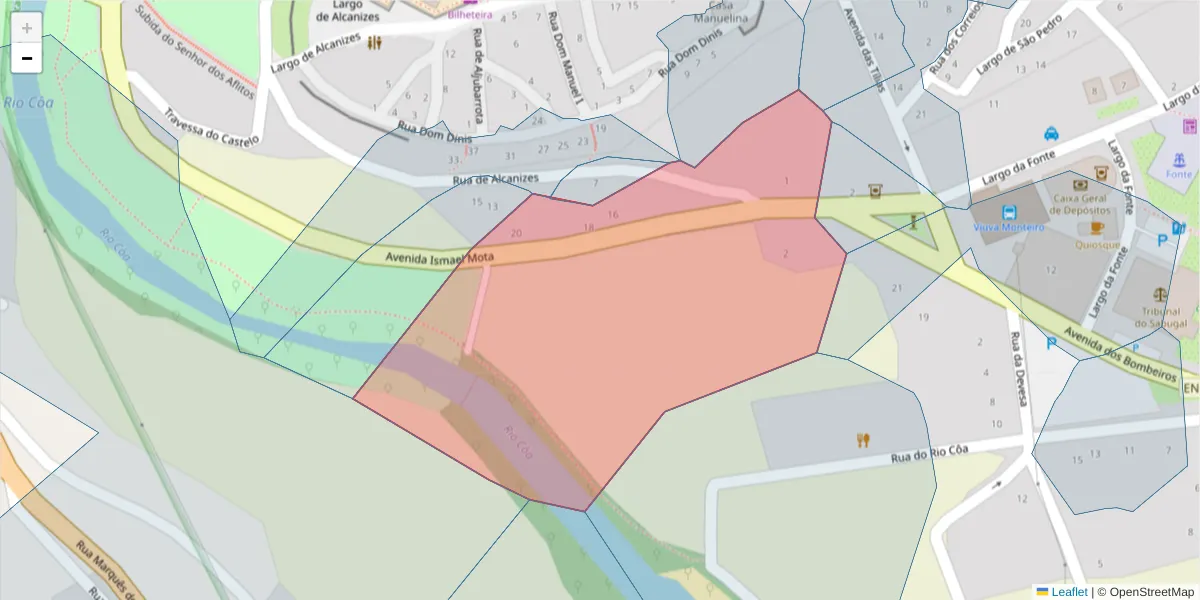 Mapa detalhado do código postal 6320-508 com limites, códigos postais vizinhos e agências dos correios