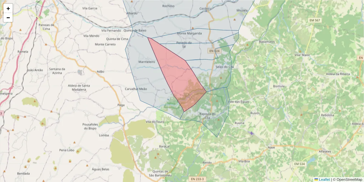 Mapa detalhado do código postal 6320-521 com limites, códigos postais vizinhos e agências dos correios