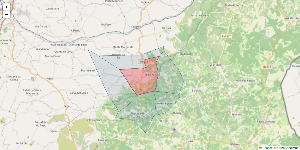 Mapa detalhado do código postal 6320-523 com limites, códigos postais vizinhos e agências dos correios