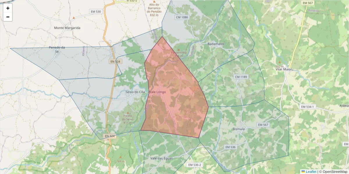 Mapa detalhado do código postal 6320-571 com limites, códigos postais vizinhos e agências dos correios