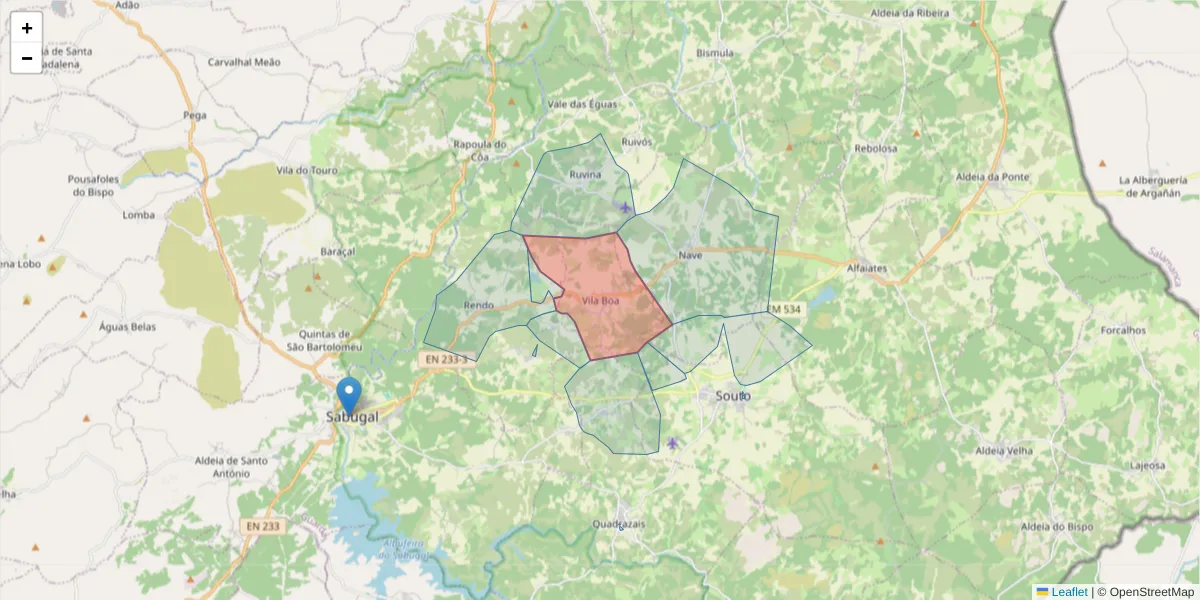 Mapa detalhado do código postal 6320-581 com limites, códigos postais vizinhos e agências dos correios