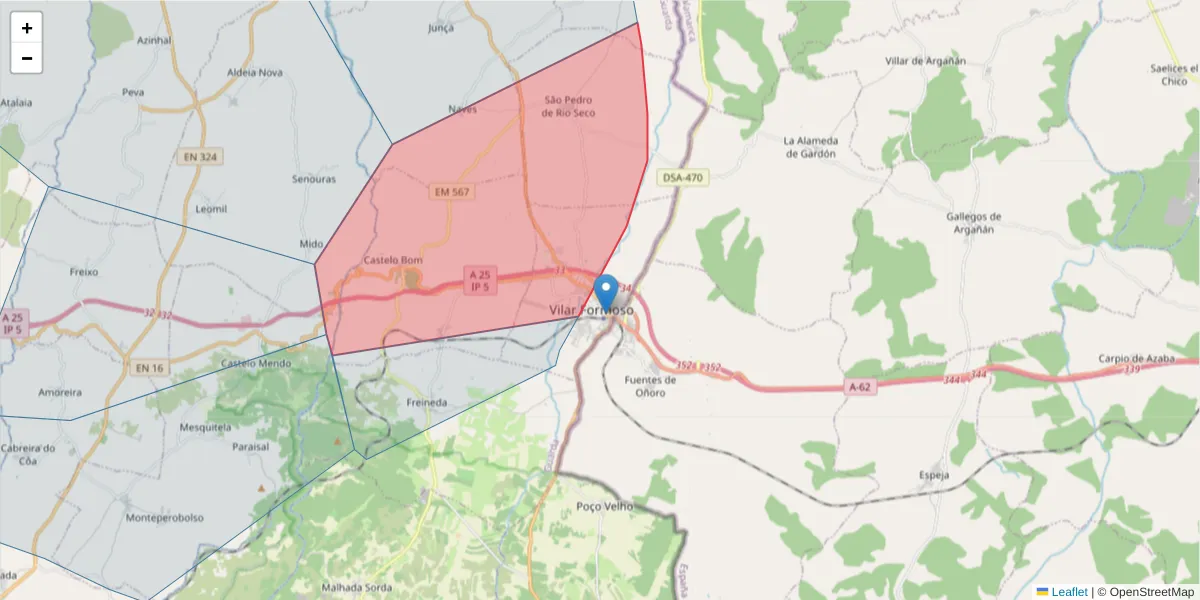 Mapa detalhado do código postal 6350-000 com limites, códigos postais vizinhos e agências dos correios
