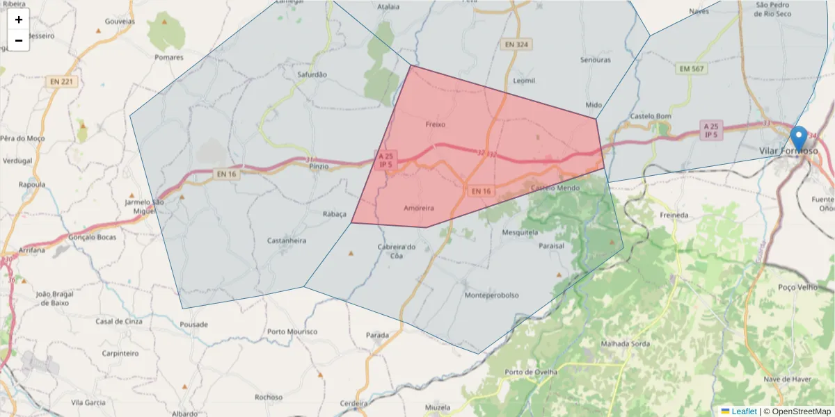 Mapa detalhado do código postal 6355-020 com limites, códigos postais vizinhos e agências dos correios