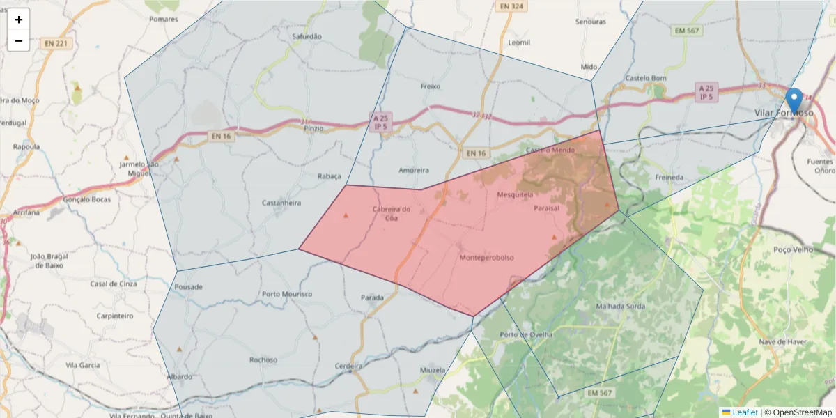 Mapa detalhado do código postal 6355-030 com limites, códigos postais vizinhos e agências dos correios