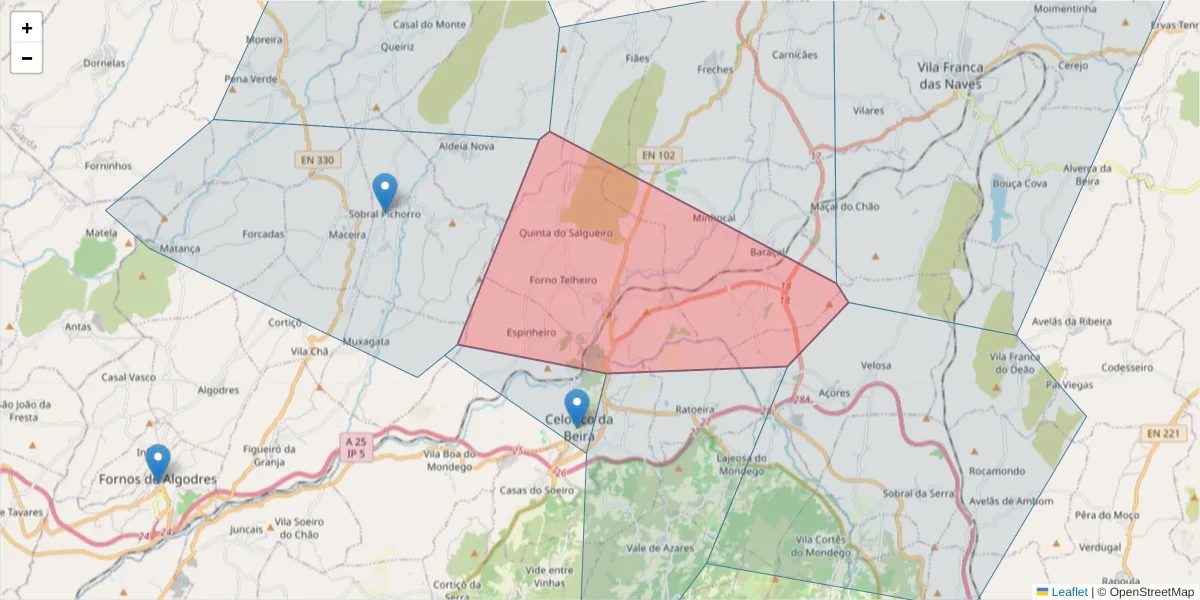Mapa detalhado do código postal 6360-020 com limites, códigos postais vizinhos e agências dos correios