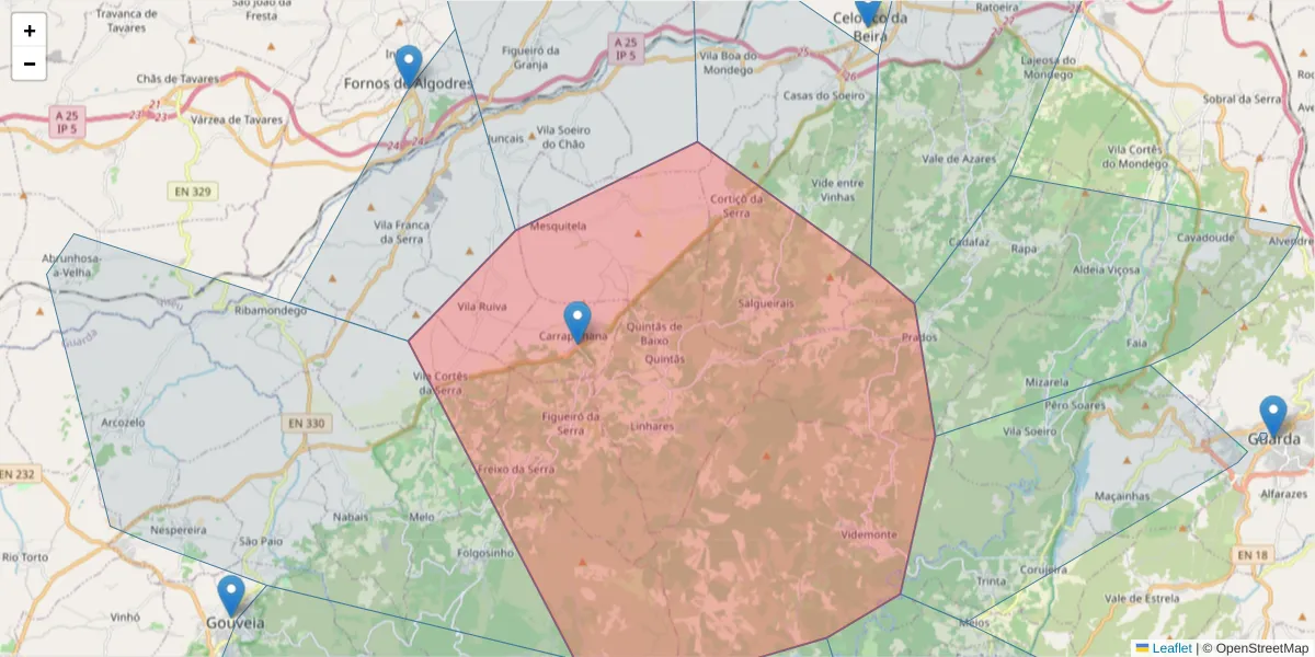 Mapa detalhado do código postal 6360-082 com limites, códigos postais vizinhos e agências dos correios