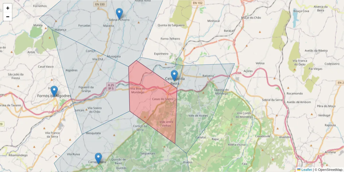 Mapa detalhado do código postal 6360-294 com limites, códigos postais vizinhos e agências dos correios