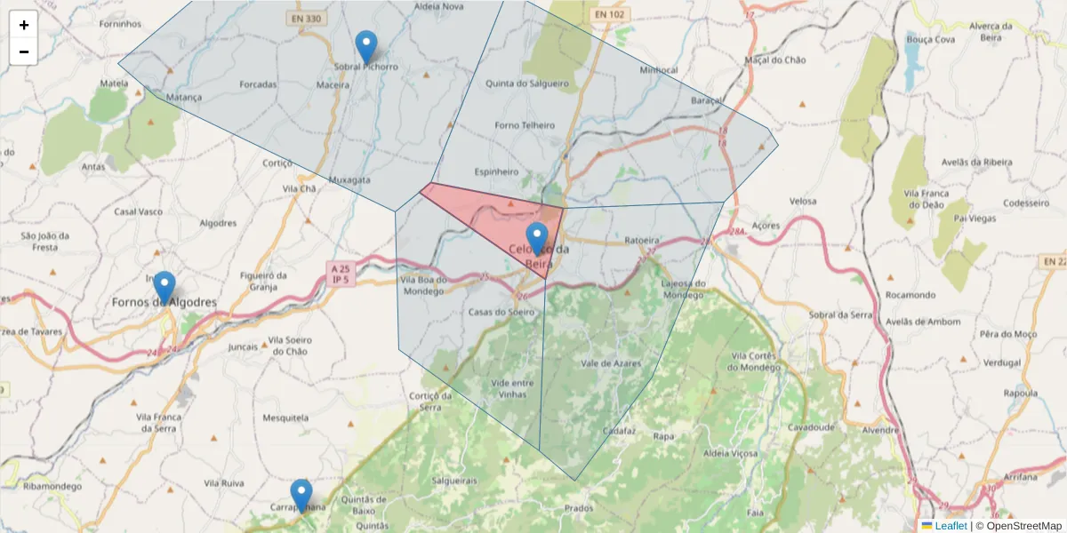 Mapa detalhado do código postal 6360-404 com limites, códigos postais vizinhos e agências dos correios