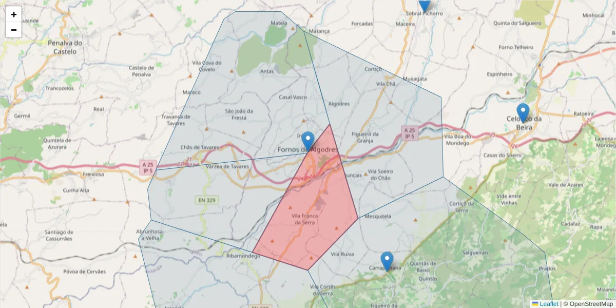 Mapa detalhado do código postal 6370-174 com limites, códigos postais vizinhos e agências dos correios