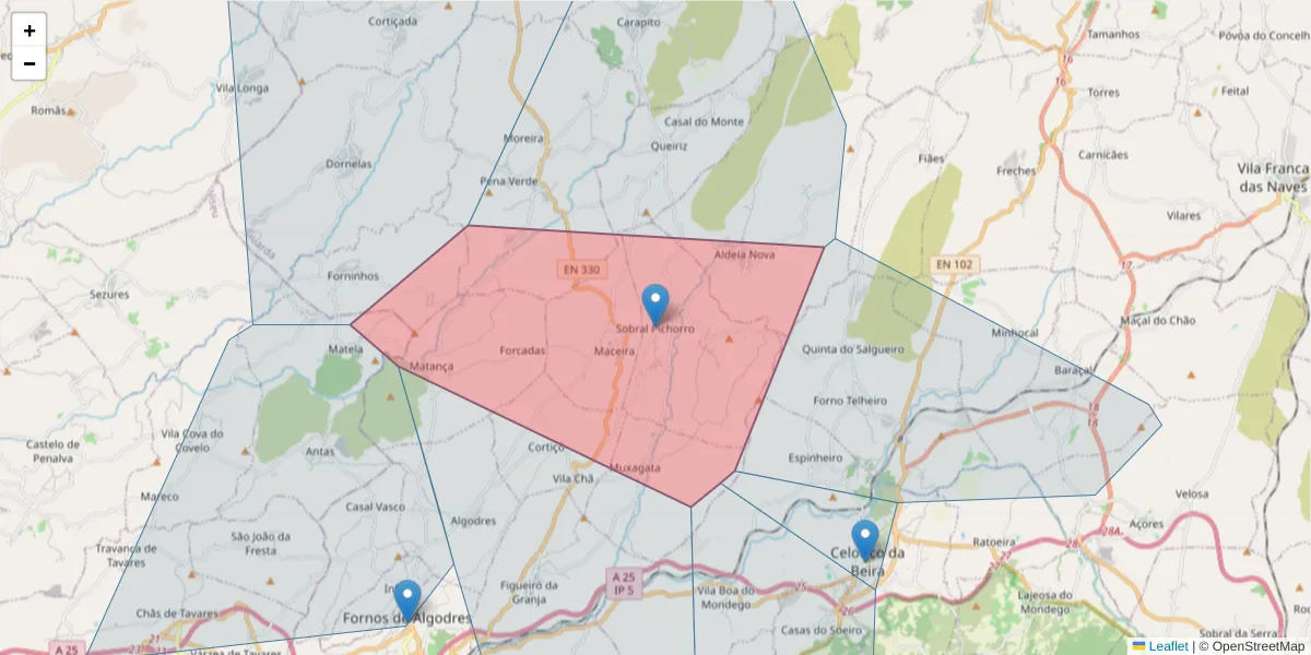 Mapa detalhado do código postal 6370-382 com limites, códigos postais vizinhos e agências dos correios