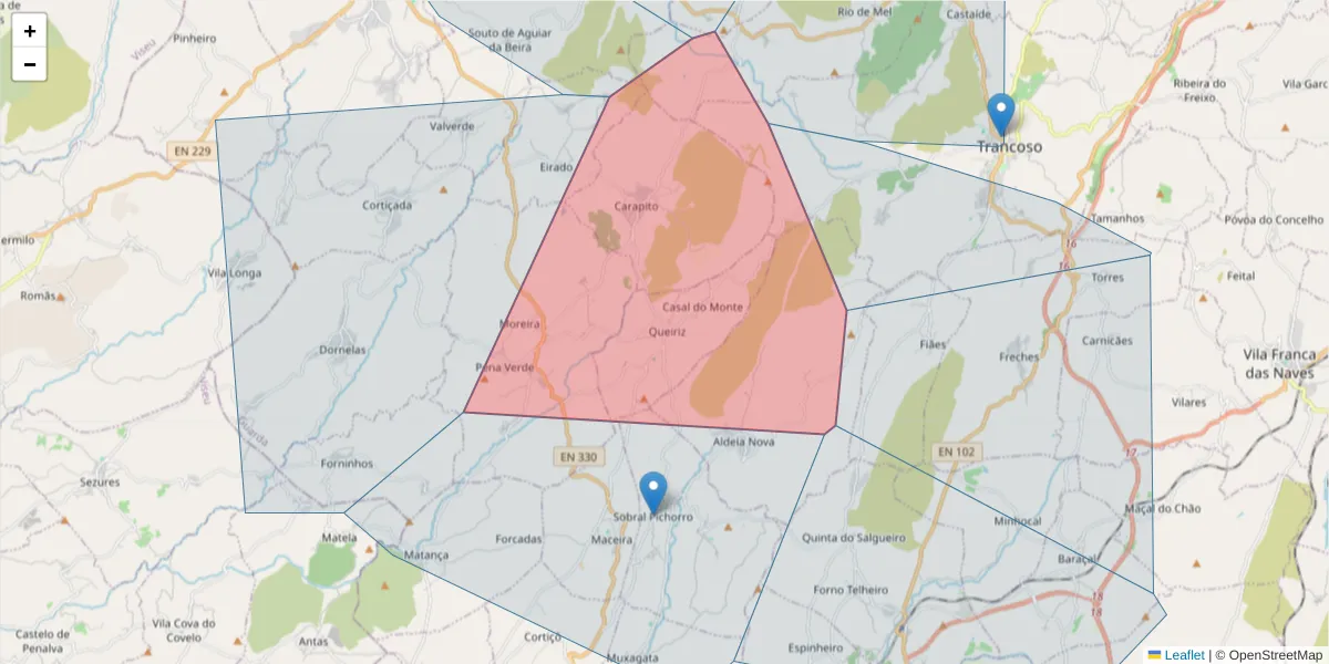 Mapa detalhado do código postal 6370 com limites, códigos postais vizinhos e agências dos correios