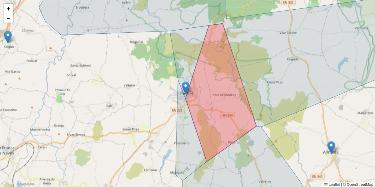 Mapa detalhado do código postal 6400-381 com limites, códigos postais vizinhos e agências dos correios