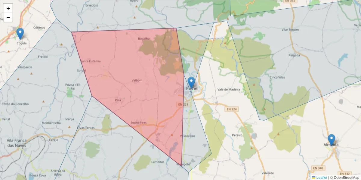 Mapa detalhado do código postal 6400-477 com limites, códigos postais vizinhos e agências dos correios