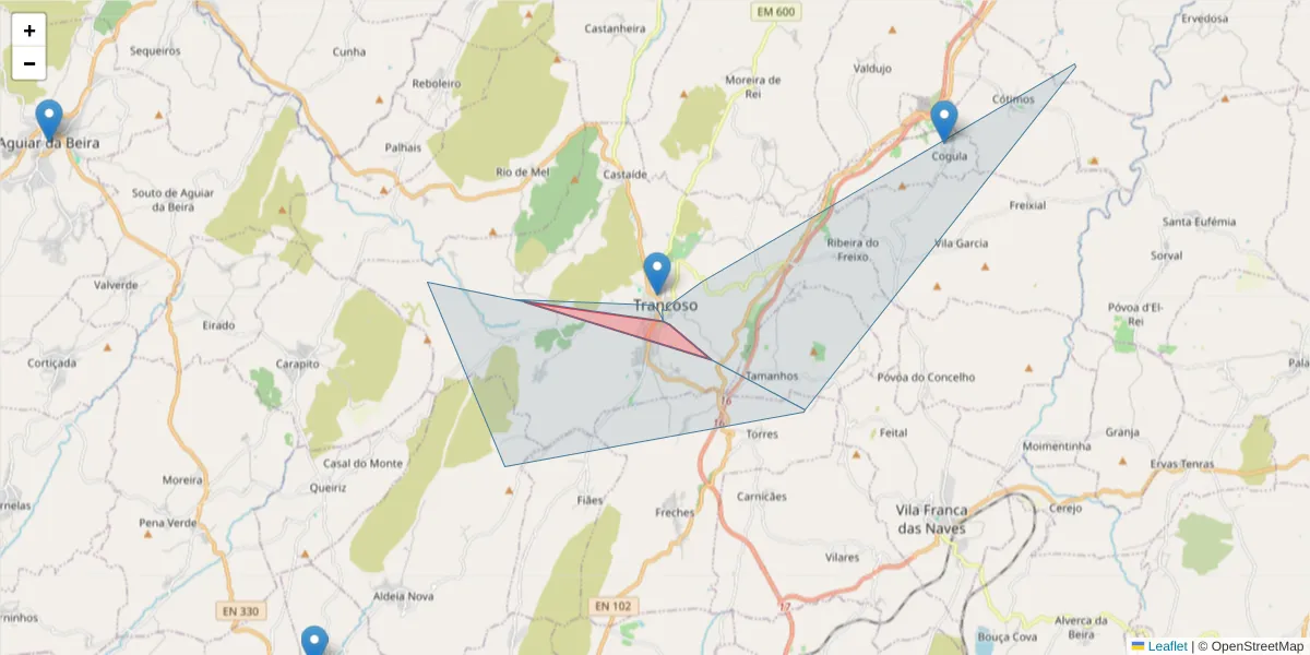 Mapa detalhado do código postal 6420-003 com limites, códigos postais vizinhos e agências dos correios