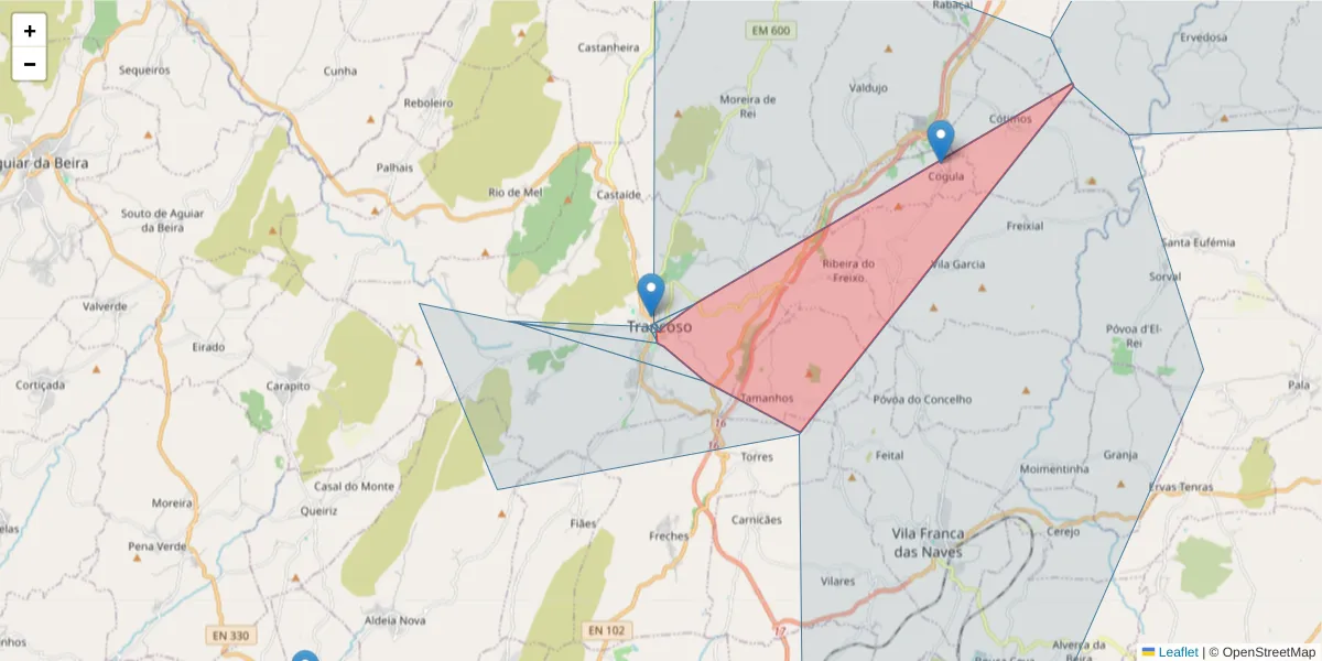 Mapa detalhado do código postal 6420-071 com limites, códigos postais vizinhos e agências dos correios