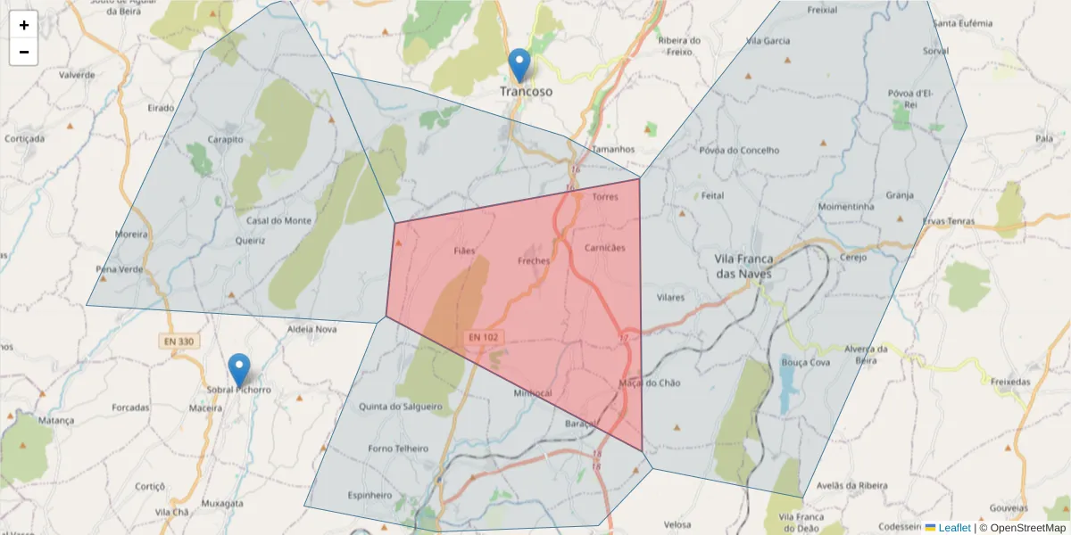 Mapa detalhado do código postal 6420-414 com limites, códigos postais vizinhos e agências dos correios