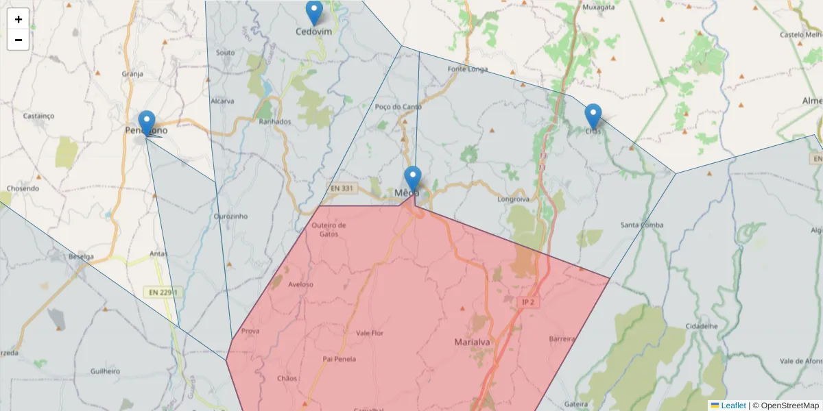 Mapa detalhado do código postal 6430-183 com limites, códigos postais vizinhos e agências dos correios