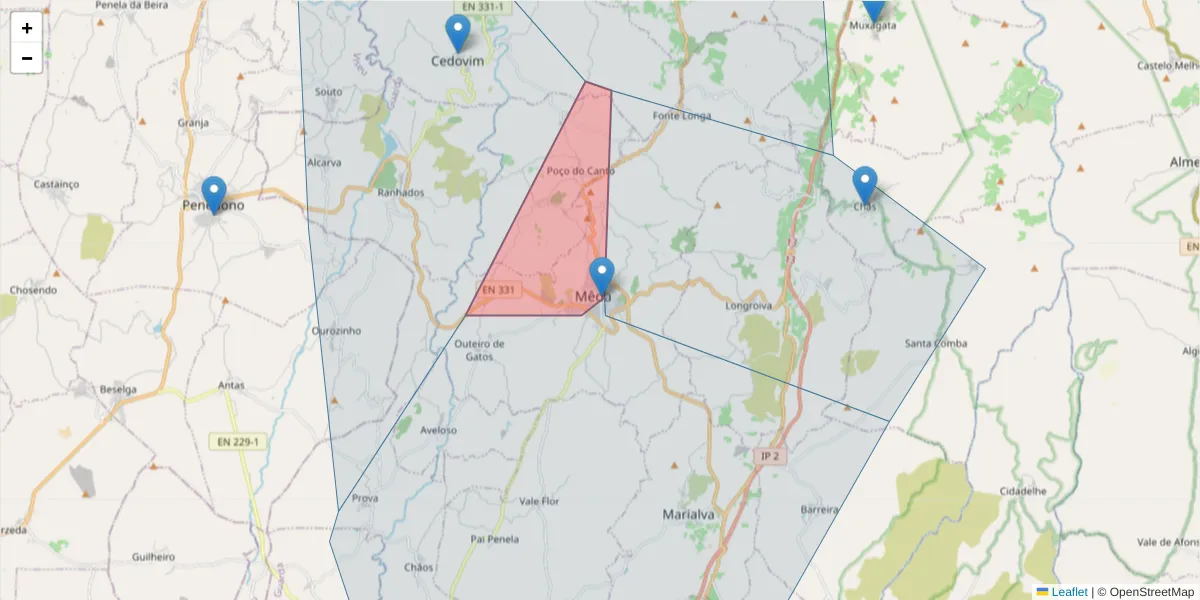 Mapa detalhado do código postal 6430-211 com limites, códigos postais vizinhos e agências dos correios