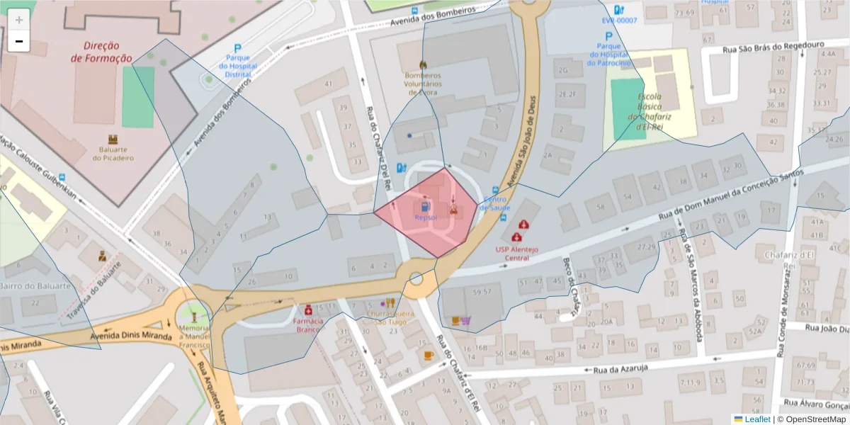 Mapa detalhado do código postal 7000-000 com limites, códigos postais vizinhos e agências dos correios