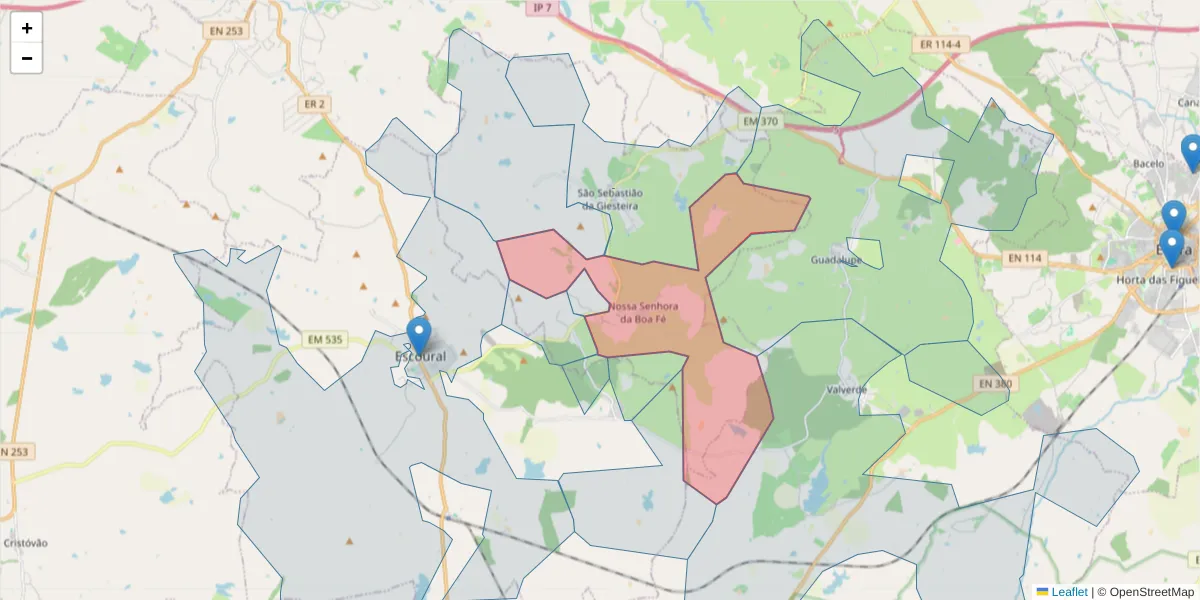 Mapa detalhado do código postal 7000-013 com limites, códigos postais vizinhos e agências dos correios