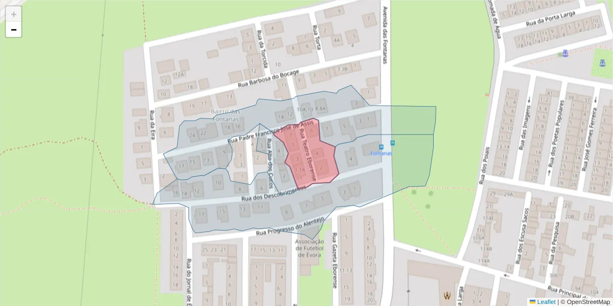 Mapa detalhado do código postal 7000-062 com limites, códigos postais vizinhos e agências dos correios