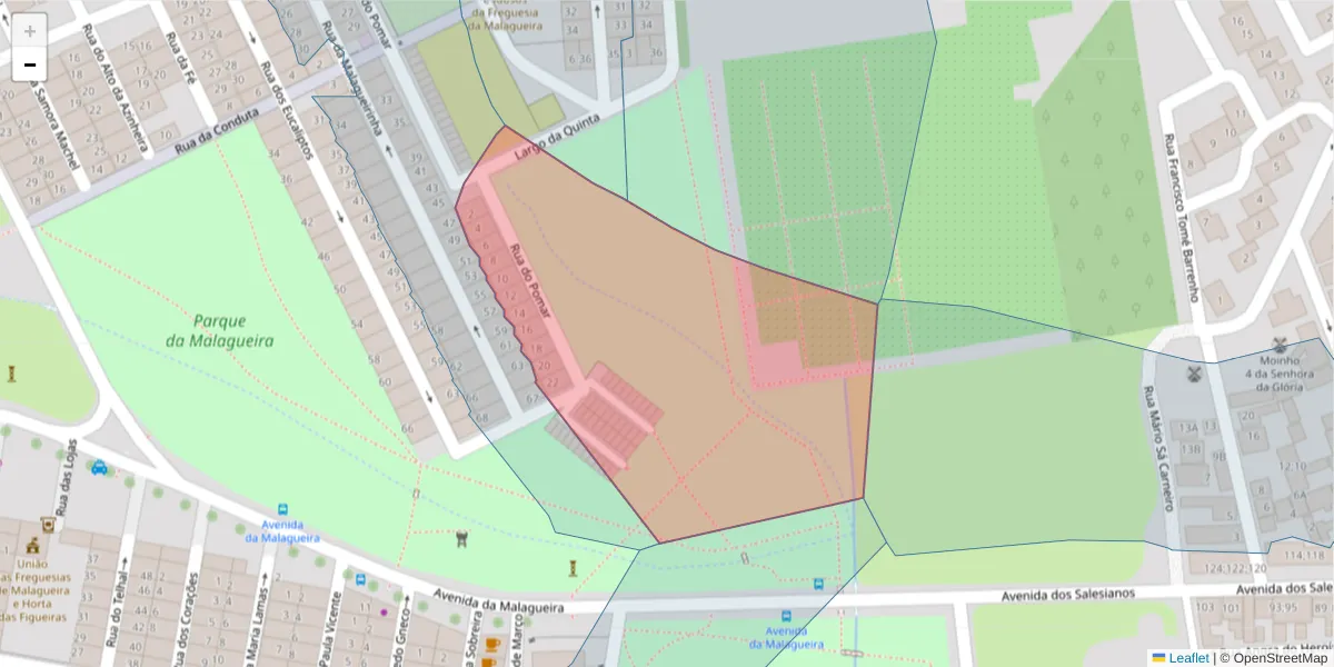 Mapa detalhado do código postal 7000-065 com limites, códigos postais vizinhos e agências dos correios
