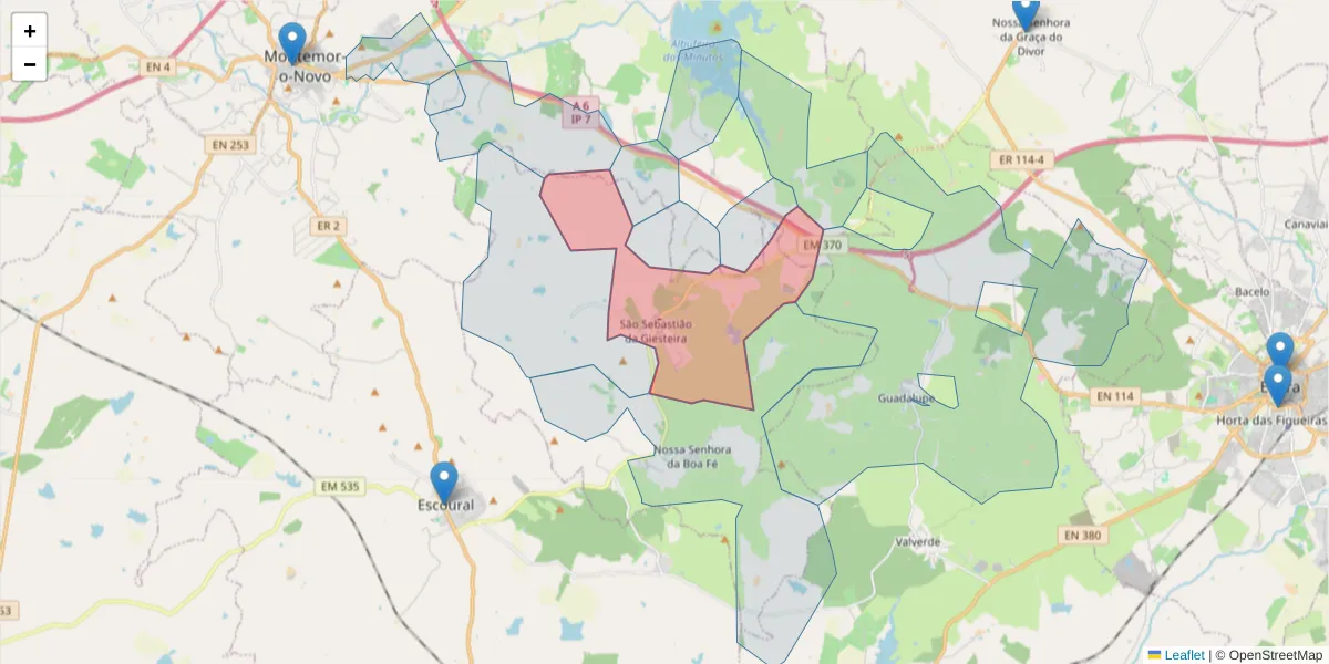 Mapa detalhado do código postal 7000-202 com limites, códigos postais vizinhos e agências dos correios
